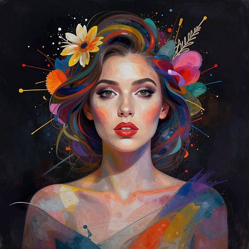 Digital portrait of a fair-skinned woman with red lips, colorful wavy hair adorned with flowers, against a black background. Vibrant, abstract style