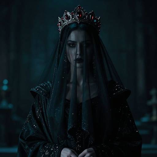Dark blue-lit photograph of a pale, solemn woman with a black veil and glittering crown, wearing a dark, ornate gown.