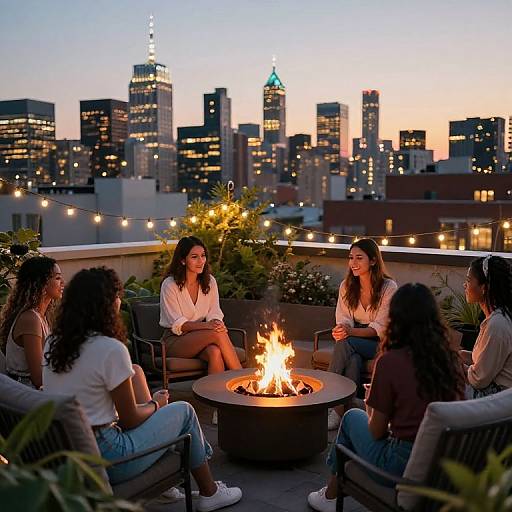 Photograph of five young women with long hair, wearing casual clothes, sitting around a fire pit on a rooftop at sunset, with a city skyline of