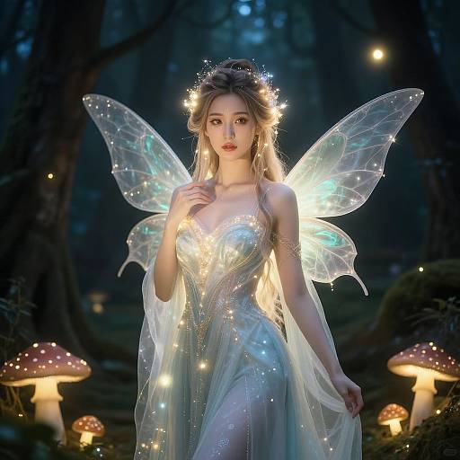 Digital fantasy artwork of a glowing fairy woman with translucent wings, wearing a luminous, sparkling dress, standing in a dark forest with glowing mushrooms.