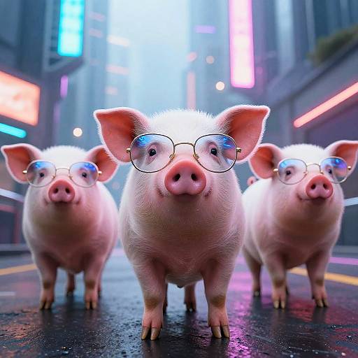 Photorealistic CGI of four pink pigs wearing round glasses, standing in a neon-lit, futuristic city street at night.