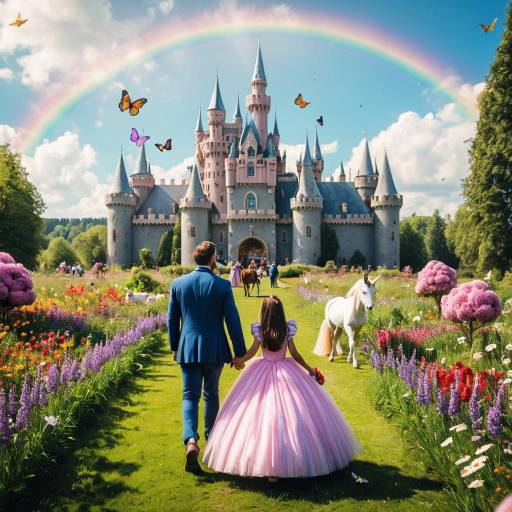 Man and Girl Walking Toward Fairy Tale Castle