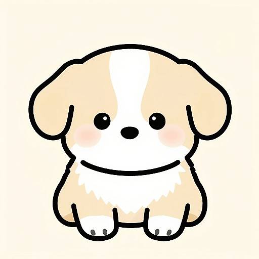 Adorable, chibi-style digital drawing of a cute, beige and white puppy with black eyes and blushing cheeks, centered on a white background.