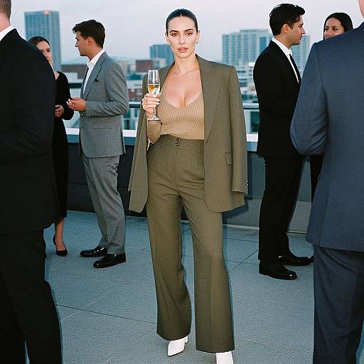 Photograph of a confident woman with dark hair in a bun, wearing a green blazer, deep V-neck top, high-waisted pants,