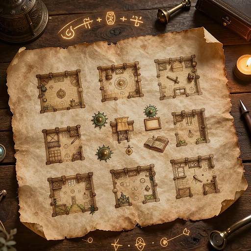 Vintage-style map of six medieval rooms with detailed illustrations, on aged parchment, surrounded by candles, compass, and inkwells.