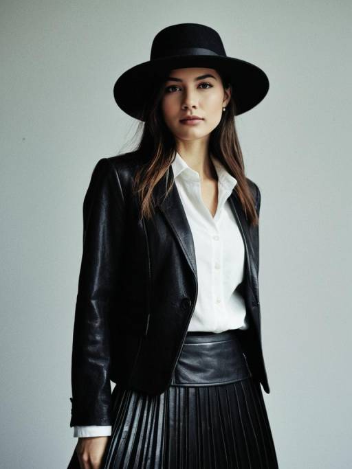 Woman in Leather Blazer and Wide-Brimmed Hat
