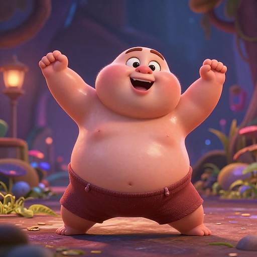 CGI animation of a chubby, smiling, pink-skinned man with raised arms, wearing red shorts, in a colorful, whimsical forest setting.