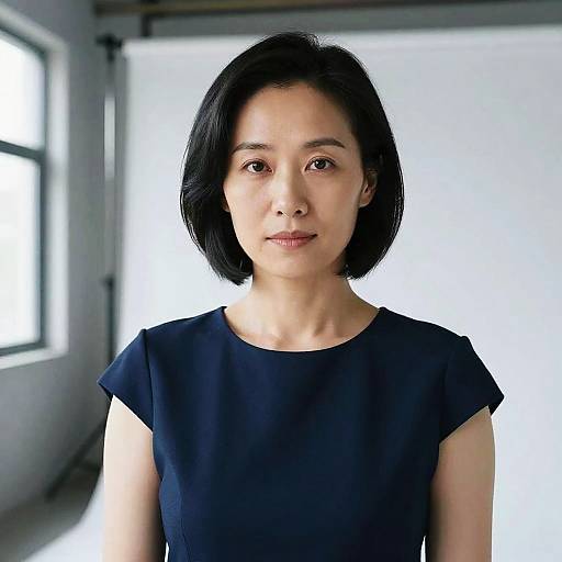Photograph of an Asian woman with short black hair, wearing a simple black dress, standing in a bright, minimalist room.