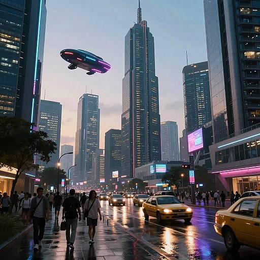 Photograph of a neon-lit, rainy city street at dusk, featuring towering skyscrapers, a flying saucer-like light fixture, and yellow