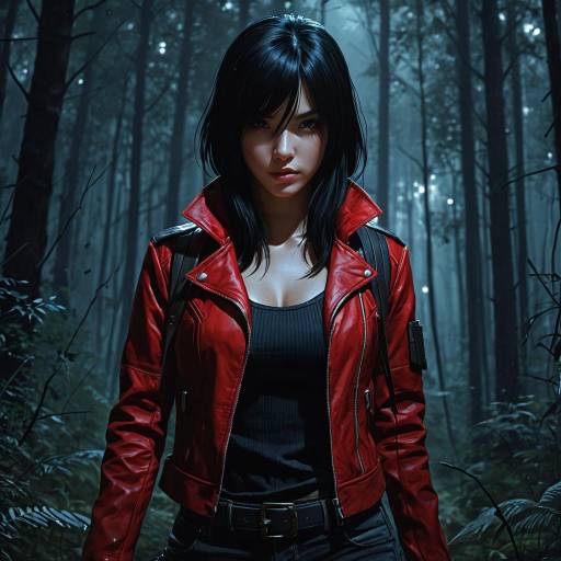 Anime Girl Assassin in Red Leather Jacket in Dark Forest