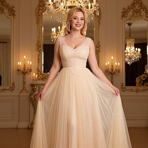 Blonde bride in a white lace dress with a full tulle skirt, smiling in an opulent room with chandeliers and ornate mirrors.