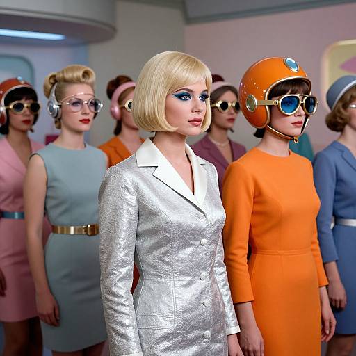Photorealistic CGI image of six 1960s-style women in colorful dresses, silver and orange suits, and futuristic headgear, standing in a