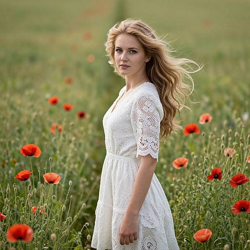 Photograph of a blonde woman with wavy hair, wearing a white lace dress, standing in a vibrant red poppy field.