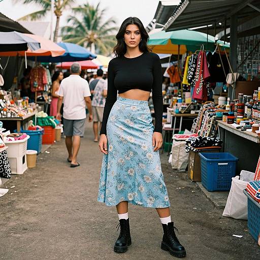 Photograph of a young woman with dark hair, wearing a black crop top and light blue floral skirt, standing in a bustling outdoor market, surrounded by