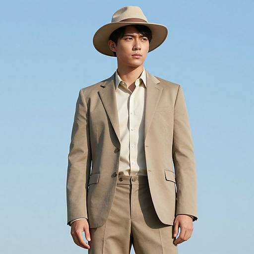 Photograph of a young Asian man in a beige suit, white shirt, and wide-brimmed hat, standing against a clear blue sky.
