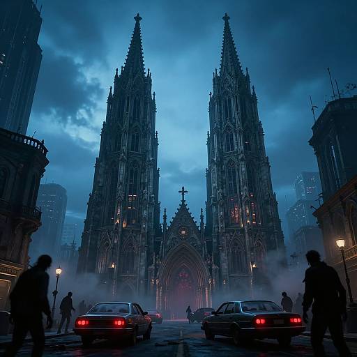 Photograph of a Gothic cathedral at dusk, flanked by towering spires, surrounded by mist, with vintage cars in the foreground.