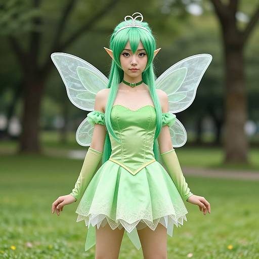 Digital artwork of a green-haired fairy girl with translucent wings, elf ears, and a light green, off-shoulder dress, standing in a lush