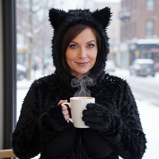 Photograph of a smiling woman with fair skin and dark brown hair, wearing a black fuzzy cat-eared hoodie, holding a white steaming mug,