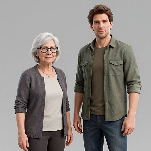 Photograph of an older woman with white hair and black glasses, wearing a dark cardigan and white top, standing beside a tall, young man with