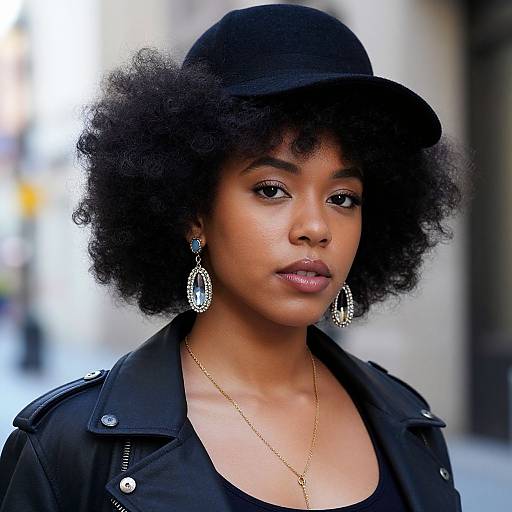 Photograph of a confident Black woman with curly hair, wearing a black cap, earring, and leather jacket, standing outdoors.