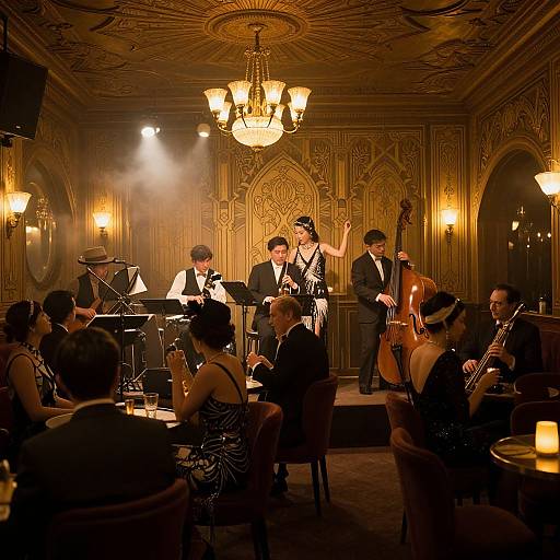 Photograph of a jazz band in an ornate, dimly-lit room with gold accents, performing for an audience in elegant evening attire. Ch
