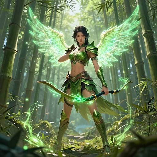 Ethereal Female Archer in Bamboo Forest