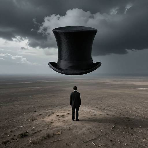 Surreal Solitary Figure Amid Ominous Landscape
