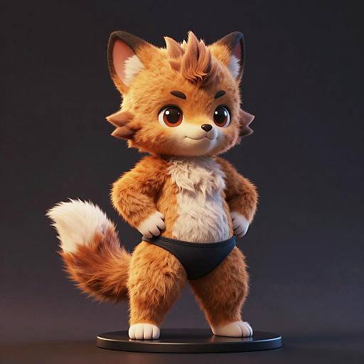 CGI chibi-style, anthropomorphic fox with fluffy orange and white fur, black eyes, wearing black underwear, standing confidently on a round base against