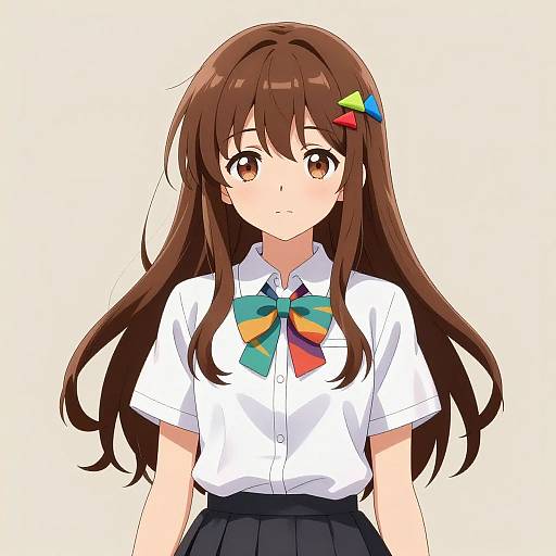 Digital anime-style drawing of a cute, brown-eyed girl with long brown hair, wearing a white shirt with a colorful bow and black skirt.