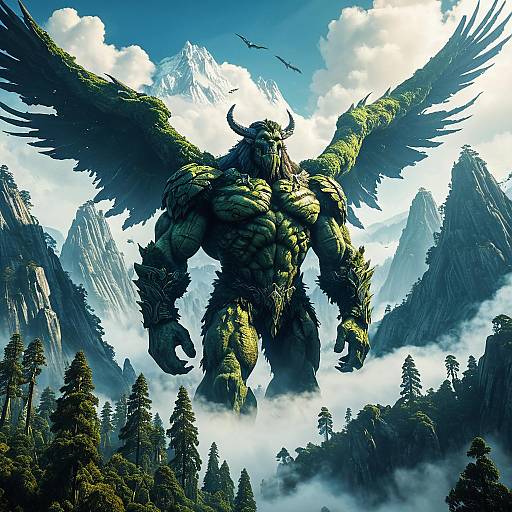 Ancient Forest Titan Soaring Above Mountain Range