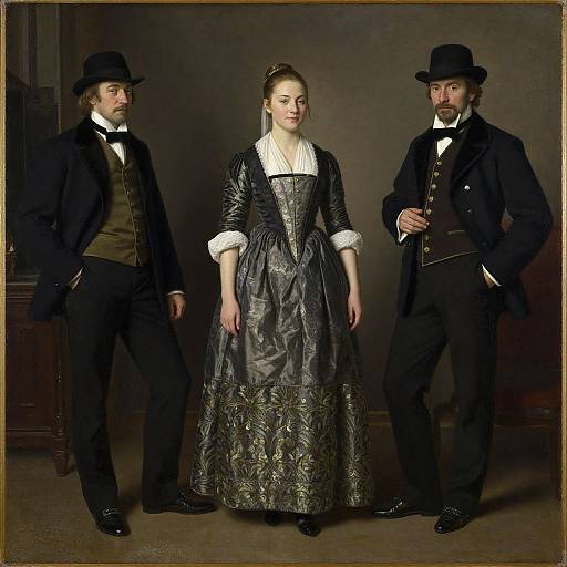 Photograph of a Victorian-era family portrait: a young woman in an ornate black dress, flanked by two men in black suits and hats.