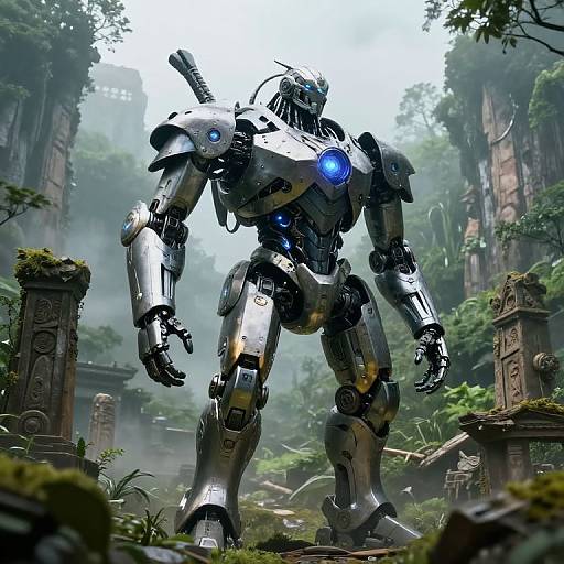 Photorealistic CGI of a towering, silver robotic warrior with glowing blue eyes standing amidst ancient, moss-covered ruins in a misty, dense forest.