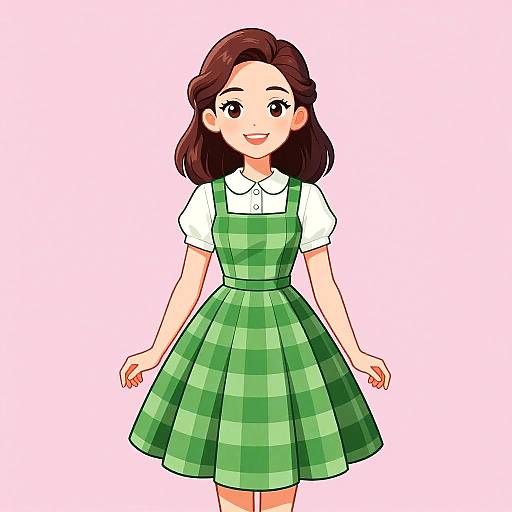 Digital anime-style drawing of a smiling young woman with brown hair, wearing a green plaid dress over a white shirt.