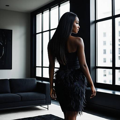 Elegant Woman in Black Feather-Trim Dress