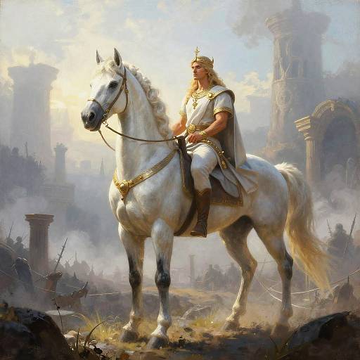 Digital painting of a muscular, blonde, crowned man in ancient Roman attire riding a white horse, amidst a misty, ruined cityscape.