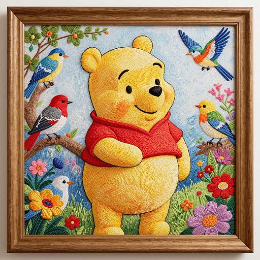 Colorful, textured illustration of Winnie the Pooh in a red scarf, surrounded by birds and vibrant flowers, framed in wood.