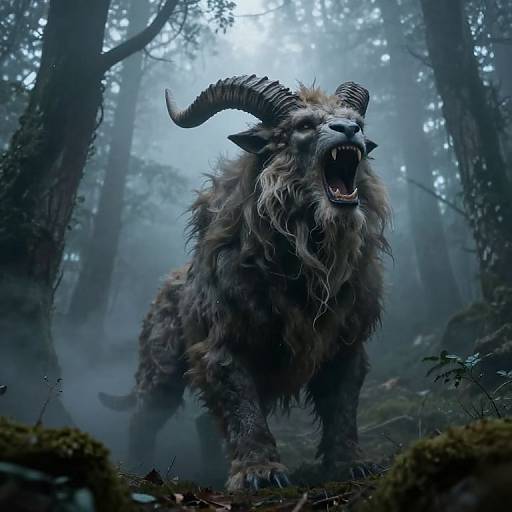 CGI fantasy image of a fierce, roaring, horned, wolf-like creature with shaggy fur in a misty, dark forest.