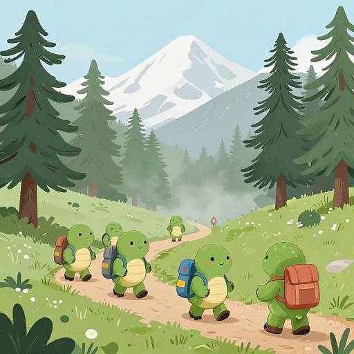Digital cartoon of five green turtle-like creatures with backpacks walking on a dirt path through a forest, with snow-capped mountains in the background.