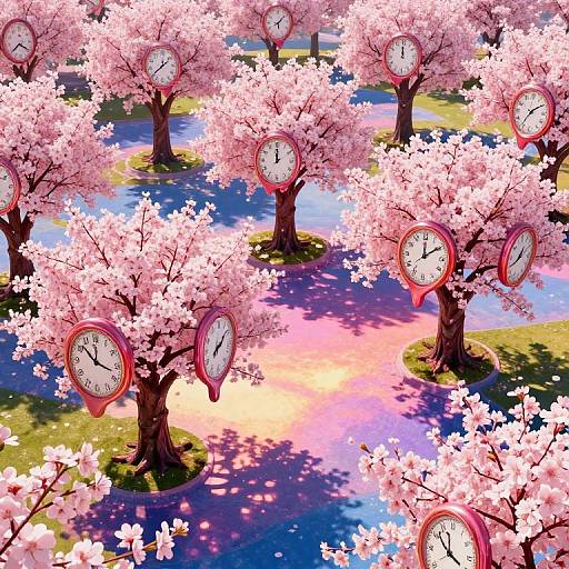 Digital artwork: Cherry blossom trees with pink flowers and red clock faces, surrounding a colorful, reflective pond at sunset. Vibrant, surreal style.