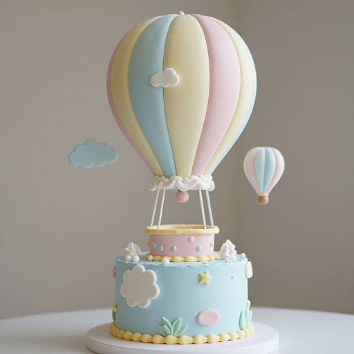 Photograph of a pastel-colored, two-tiered birthday cake with a balloon and smaller balloon fondant decorations, set against a plain gray background.