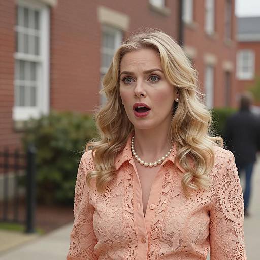 Surprised Blonde in Peach Lace Fashion