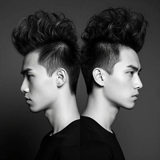 Black-and-white photograph of a young man with a mohawk, shown in profile twice, against a dark gradient background.