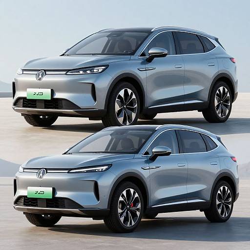 Photograph of two silver Toyota ZJD SUVs, one above the other, on a sunny concrete surface with clear blue sky background. Both vehicles have