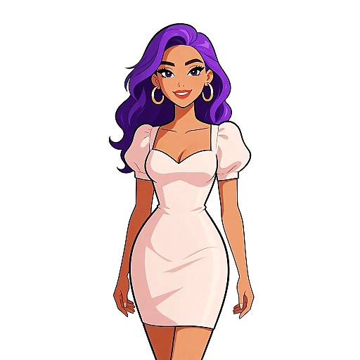 Digital illustration of a confident woman with purple wavy hair, wearing a white, short-sleeved, form-fitting dress, large hoop earrings,