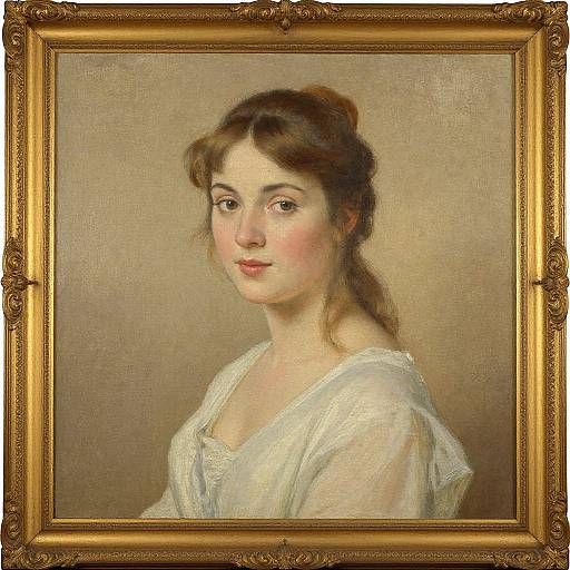 Classical oil painting of a young woman with fair skin, brown hair in a loose updo, wearing a white blouse, in an ornate gold