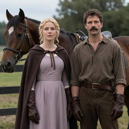 Couple in Historical Attire with Horse Outdoors