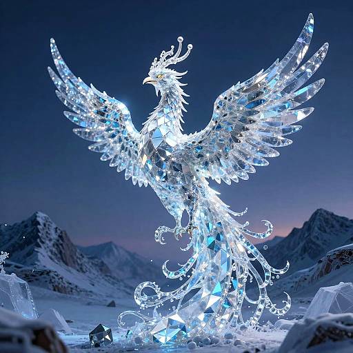 Crystal Phoenix Sculpture in Frozen Mountains