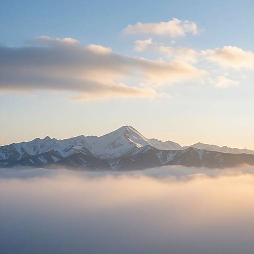 Photograph of a snow-capped mountain peak at sunrise, with a layer of mist below and a clear blue sky above.