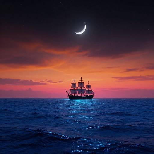 Silhouetted ship with sails, navigating calm ocean under vibrant sunset sky with orange, pink, and purple hues, and a crescent moon.