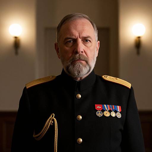 Photograph of a serious, middle-aged, white, bearded man in a black military uniform with gold epaulettes, medals, and a